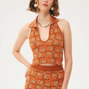 NWT Orange Knit Retro Print Halter Crop Top